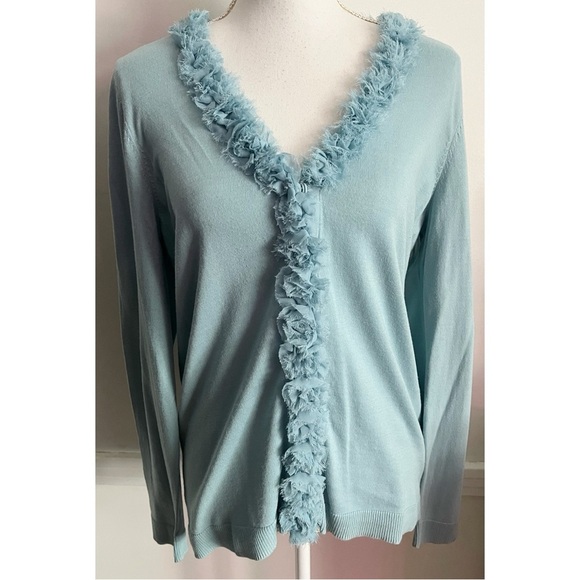 Talbots • Light Teal Blue Cardigan with Ruffle Trim - Picture 1 of 6